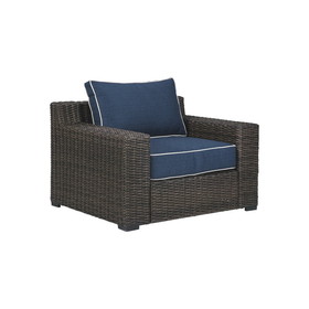 Benjara BM213304 Resin Wicker Woven Lounge Chair with Track Armrests in Blue and Brown