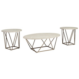 Benjara BM213306 Faux Marble Table Set with 1 Coffee Table and 2 End Tables in White and Gold