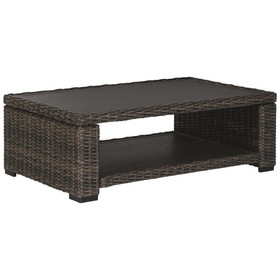 Benjara BM213312 Wicker Woven Aluminum Frame Cocktail Table with Open Shelf in Brown and Black