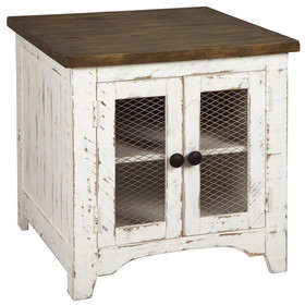 Benjara BM213349 Two Tone Wooden End Table with Metal Grill Cabinet in Brown and White