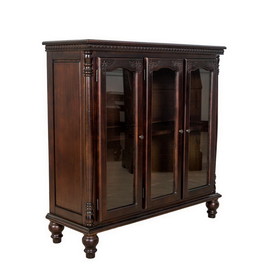 Benjara BM213463 Traditional Wood and Glass Accent Cabinet with Carved Details, Brown