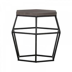 Benjara BM214837 Hexagonal Concrete End Table with Metal Base, Gray and Black