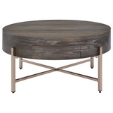 Benjara BM215037 1 Drawer Round Modern Coffee Table with Crossed Metal Legs, Brown and Gold