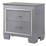 Benjara BM215374 Two Drawer Wooden Nightstand with Textured Details and Mirror Accents, Gray