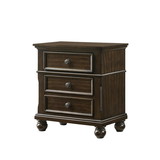 Benjara BM215468 3 Drawer Wooden Nightstand with Molded Details and Metal Knobs, Brown