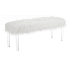 Benjara BM215475 Contemporary Bench with Faux Fur Seat and Acrylic Legs, White and Clear