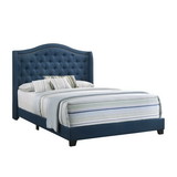 Benjara BM215892 Fabric Upholstered Wooden Demi Wing Queen Bed with Camelback Headboard, Blue