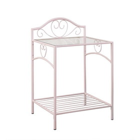 Benjara BM215931 Metal Nightstand with Glass Top and Open Bottom Shelf, Pink and Clear