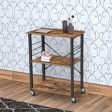Benjara BM217096 3 Tier Wood and Metal Kitchen Cart with Casters, Rustic Brown and Black