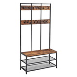 Benjara BM217107 Wood and Metal Hall Tree with 12 Hooks and 3 Open Shelves, Brown and Black