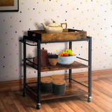 Benjara BM217112 Tray Top Wooden Kitchen Cart with 2 Shelves and Casters, Brown and Black