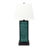 Benjara BM217238 Rectangular Metal Frame Table Lamp with Brick Pattern, White and Blue