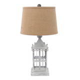 Benjara BM217245 Metal Temple Design Base Table Lamp with Fabric Shade, Beige and Gray