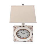 Benjara BM217251 Clock Design Metal Table Lamp with Tapered Shade, White and Beige
