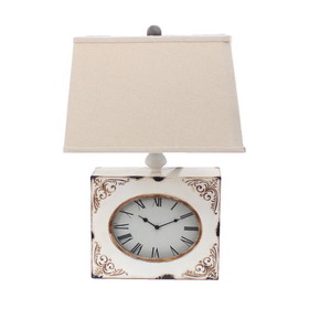 Benjara BM217251 Clock Design Metal Table Lamp with Tapered Shade, White and Beige