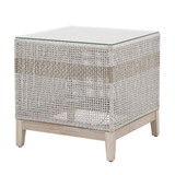 Benjara BM217412 Glass Top End Table with Interwoven Rope Design Frame, Gray and Brown