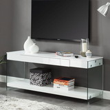 Benjara BM217503 Contemporary Style Plastic TV Stand with Glass Side Panels, White