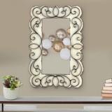 Benjara BM218345 Rectangular Wall Mirror with Wooden Frame and Metal Scrolled edges, White