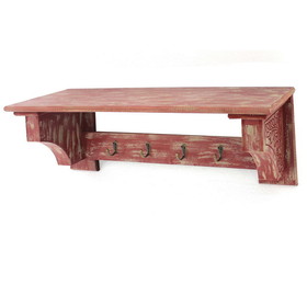 Benjara BM218362 Wooden Wall Shelf with 4 Hooks and Carved Side Frames, Distressed Red