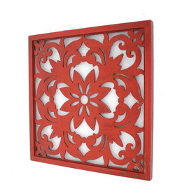 Benjara BM218410 Square Wooden Floral Wall Plaque, Red