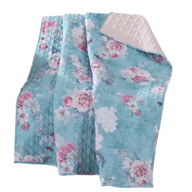 Benjara BM218731 50 x 60 Inch Microfiber Throw Blanket, Floral Print, Blue, Pink, White