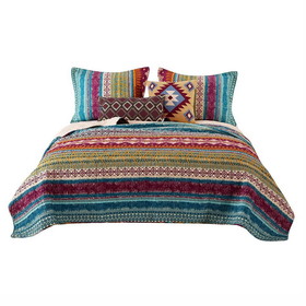 Benjara BM218793 Tribal Print Full Quilt Set with Decorative Pillows, Multicolor