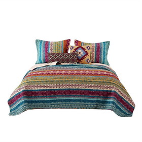 Benjara BM218794 Tribal Print King Quilt Set with Decorative Pillows, Multicolor