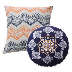Benjara BM218879 2 Piece Decorative Accent Throw Pillow Set, Embroidery, Cotton, Saffron Orange, Blue