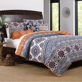 Benjara BM218882 Damask Print Queen Quilt Set with Embroidered Pillows, Blue and Orange