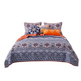Benjara BM218883 Damask Print King Quilt Set with Embroidered Pillows, Indigo Blue and Orange