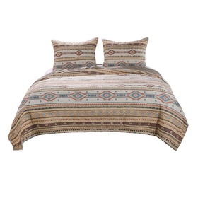 Benjara BM218908 Full Size 3 Piece Polyester Quilt Set with Kilim Pattern, Multicolor