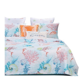 Benjara BM218929 Twin Size 2 Piece Polyester Quilt Set with Coral Prints, Multicolor