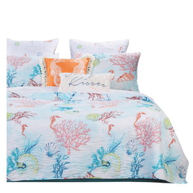 Benjara BM218931 King Size 3 Piece Polyester Quilt Set with Coral Prints, Multicolor