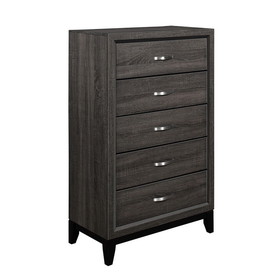 Benjara BM219006 5 Drawer Wooden Chest with Grain Details and Chamfered Feet, Gray