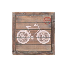 Benjara BM219161 Square Wall Art with Printed Bicycle and Plank Frame, Set of 2, Brown