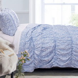 Benjara BM219399 Fabric King Size Quilt Set with Pleated and Ruffled Details, Blue