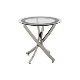 Benjara BM219597 Round Tempered Glass Top End Table with Curved Metal Legs, Silver and Clear