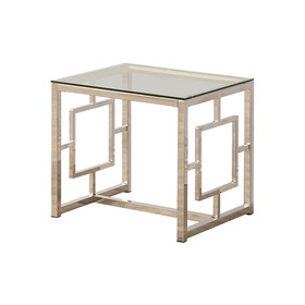 Benjara BM219599 Tempered Glass Top End Table with Lattice Cut Out Panels, Silver and Clear