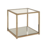 Benjara BM219607 Glass Top End Table with Metal Frame and Open Shelf, Brass