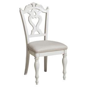 Benjara BM219788 Victorian Style Writing Desk Chair with Engraved Backrest, Antique White