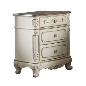Benjara BM219789 3 Drawer Nightstand with Floral Motif Carving Details, Antique White and Brown