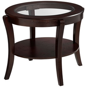 Benjara BM219904 Oval Top Wooden End Table with Glass Insert and Open Shelf, Espresso Brown
