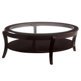 Benjara BM219905 Oval Wooden Cocktail Table with Glass Insert and Open Shelf, Espresso Brown