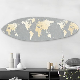 Benjara BM220210 Wooden Surfboard Wall Art with World Map Print, Gray and White