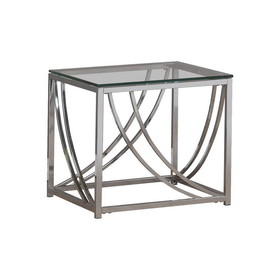 Benjara BM220279 Tempered Glass Top End Table with Metal Tubular Legs, Chrome and Clear