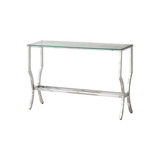 Benjara BM220309 Glass Top Sofa Table with Metal Frame and Mirror Shelf, Chrome