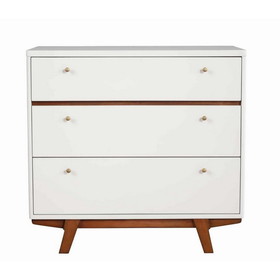 Benjara BM220498 3 Drawer Wood Chest with Round Pulls and Angled Legs, Small, White and Brown