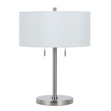 Benjara BM220848 Metal Body Table Lamp with Fabric Drum Shade and Pull Chain Switch, Silver