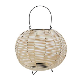 Benjara BM221098 Woven Wicker Lantern with Bellied Metal Frame and Handle, Beige and Black
