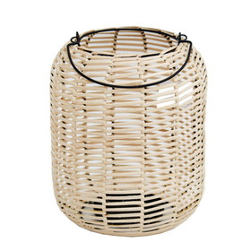 Benjara BM221099 Woven Wicker Lantern with Round Metal Frame and Handle, Beige and Black